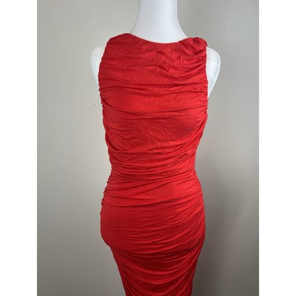 Alice + Olivia Ruched Bodycon Midi Dress Sleeveless Open Low Back Red Sz 4 - Picture 2 of 7